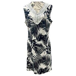 Dana Buchman Tropical Leaf Dress Embroidered Navy White Medium